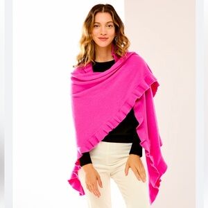 Talbots Womens Ruffled Petal Bloom Pink Plaid Ruana One Size Cozy Comfy Shawl